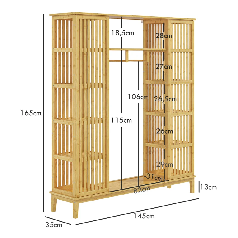 Armoire semi-ouverte 145 x 35 x 165 cm rangement 11 compartiments tringle 115 cm style naturel cosy en bambou naturel 21_0001617