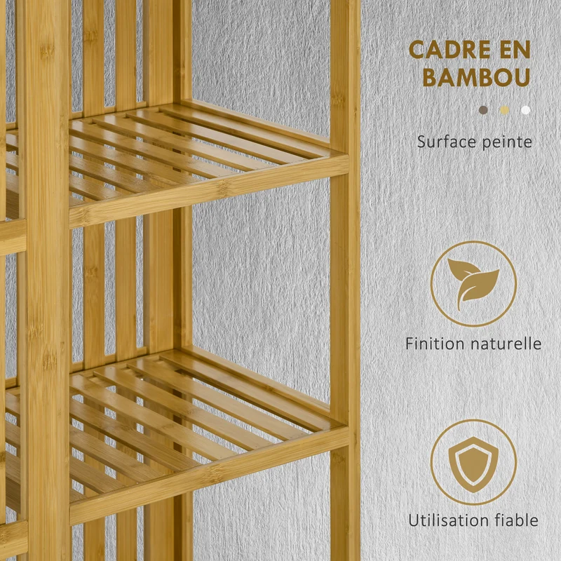 Armoire semi-ouverte 145 x 35 x 165 cm rangement 11 compartiments tringle 115 cm style naturel cosy en bambou naturel 21_0001617