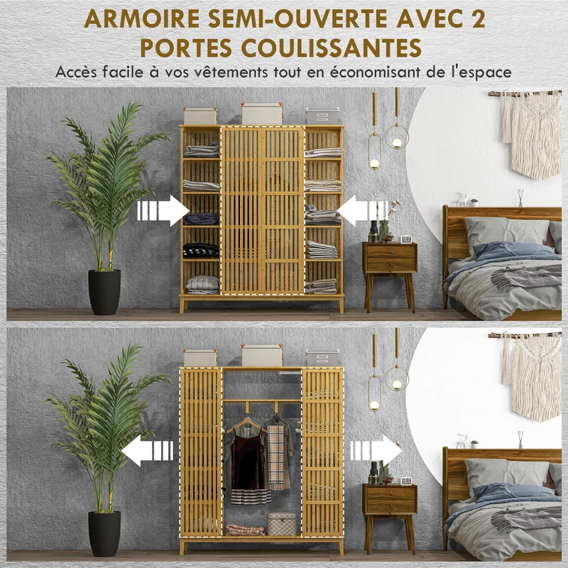 Armoire semi-ouverte 145 x 35 x 165 cm rangement 11 compartiments tringle 115 cm style naturel cosy en bambou naturel 21_0001617