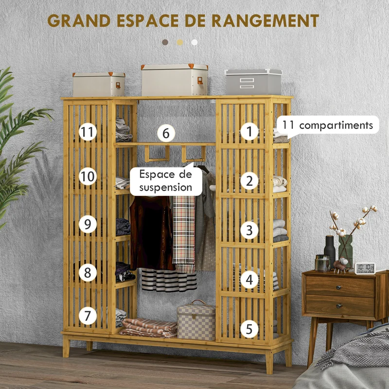 Armoire semi-ouverte 145 x 35 x 165 cm rangement 11 compartiments tringle 115 cm style naturel cosy en bambou naturel 21_0001617