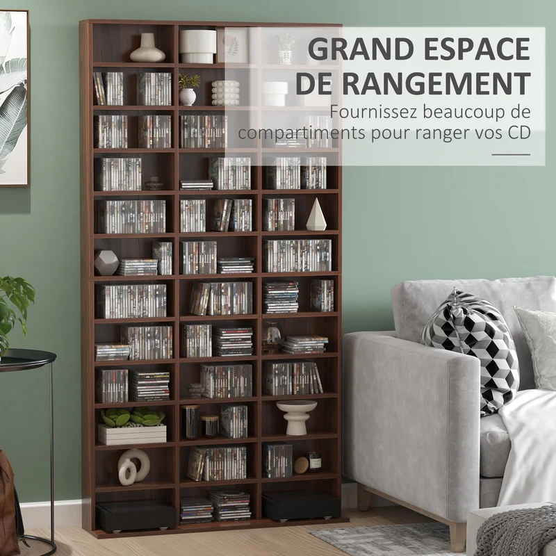 Étagère de rangement pour cd et dvd capacité 102 x 23,5 x 195 cm 36 compartiments réglables contemporain en MDF marron 21_0002378