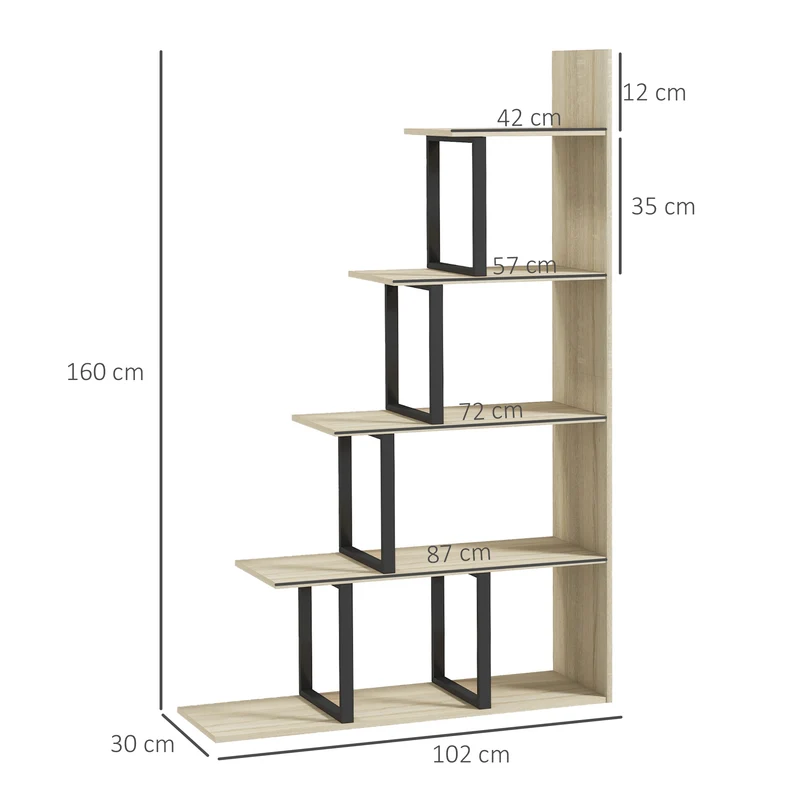 Étagère bibliothèque séparateur de pièce en escalier 102 x 30 x 160 cm rangement modulable cosy industriel en MDF chêne 21_0002429