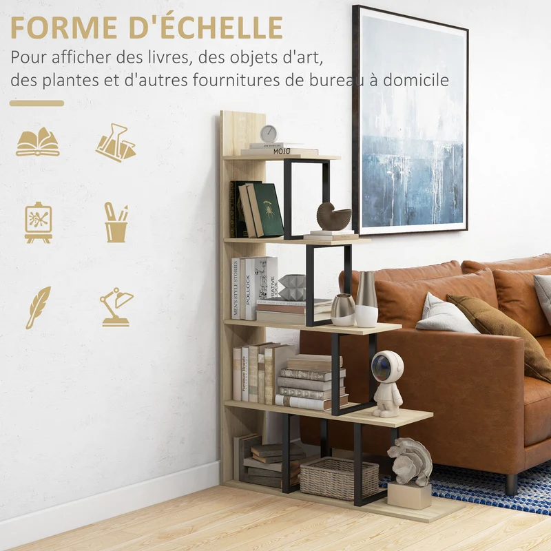 Étagère bibliothèque séparateur de pièce en escalier 102 x 30 x 160 cm rangement modulable cosy industriel en MDF chêne 21_0002429