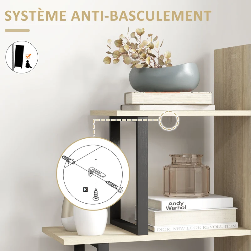 Étagère bibliothèque séparateur de pièce en escalier 102 x 30 x 160 cm rangement modulable cosy industriel en MDF chêne 21_0002429