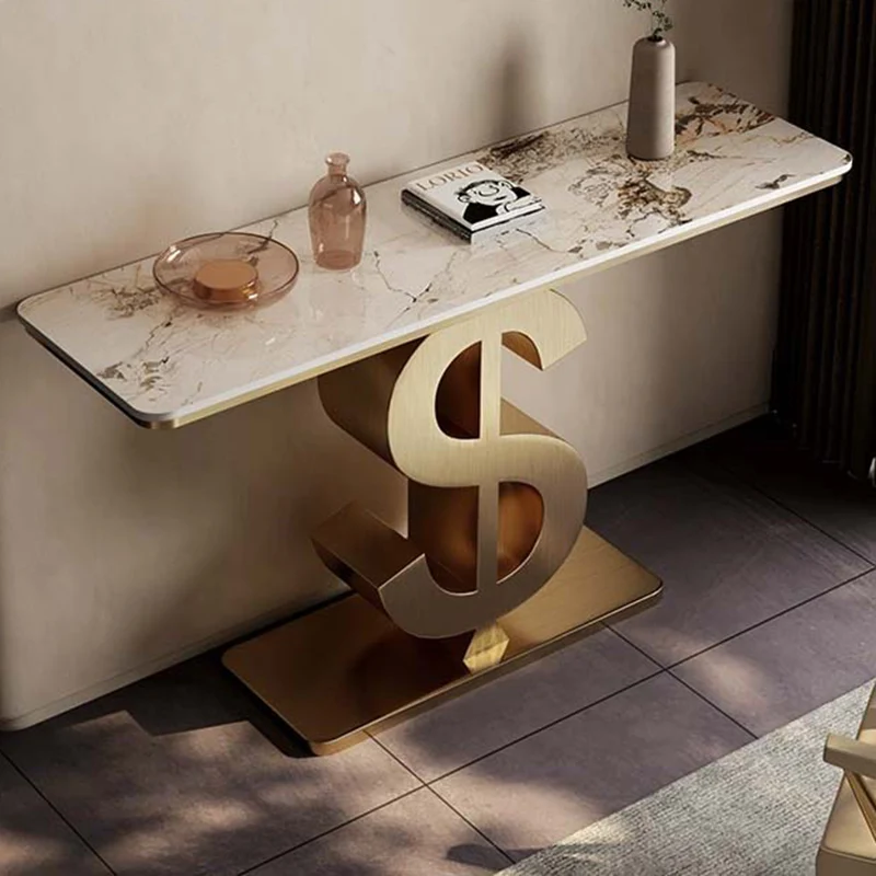 Contemporary Luxury Sintered Stone Stainless Steel Dollar-Shape Rectangle Console Table With 1-Tier For Entryway, Living Room, Bedroom