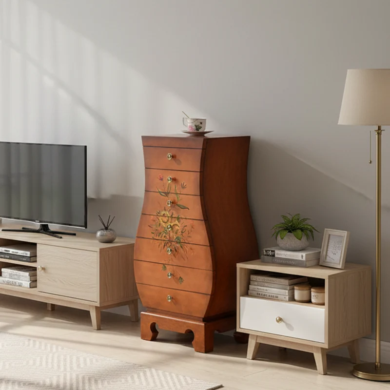 Traditional Chinese MDF Birch Wood Vase-Shaped Storage Cabinet 7-Drawer For Living Room & Bedroom