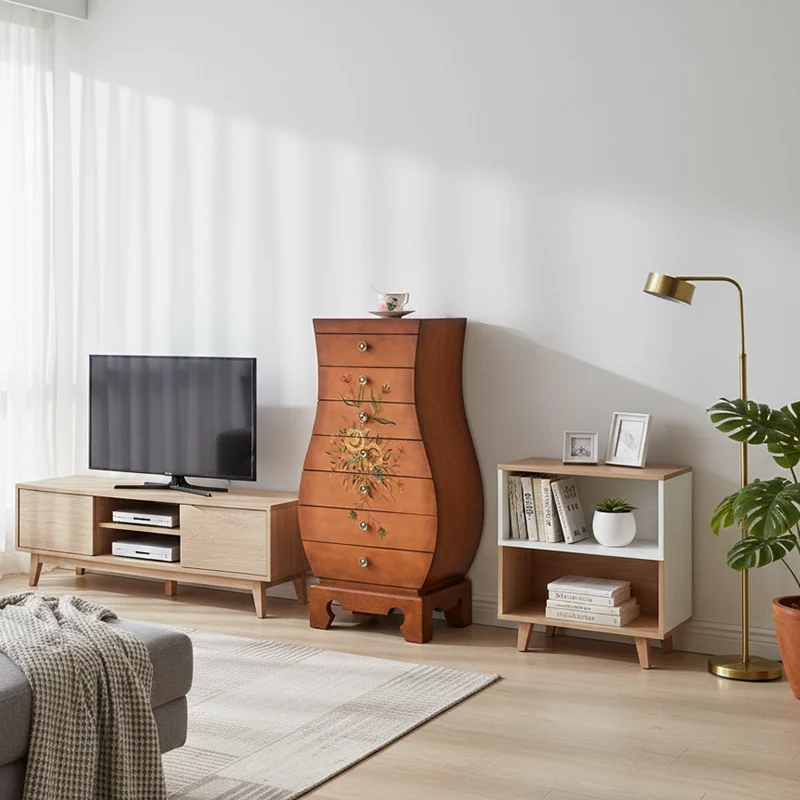 Traditional Chinese MDF Birch Wood Vase-Shaped Storage Cabinet 7-Drawer For Living Room & Bedroom