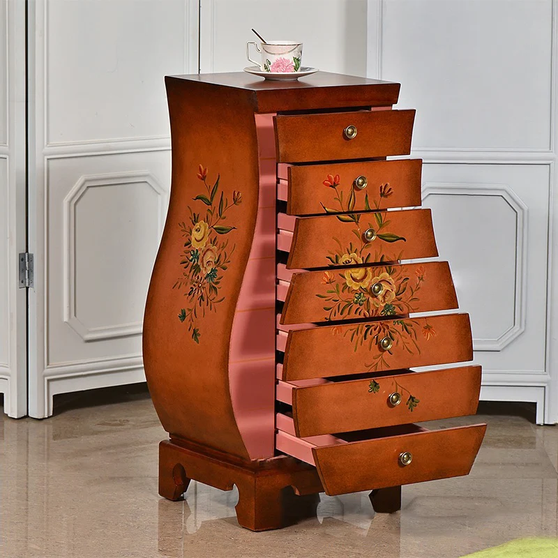 Traditional Chinese MDF Birch Wood Vase-Shaped Storage Cabinet 7-Drawer For Living Room & Bedroom