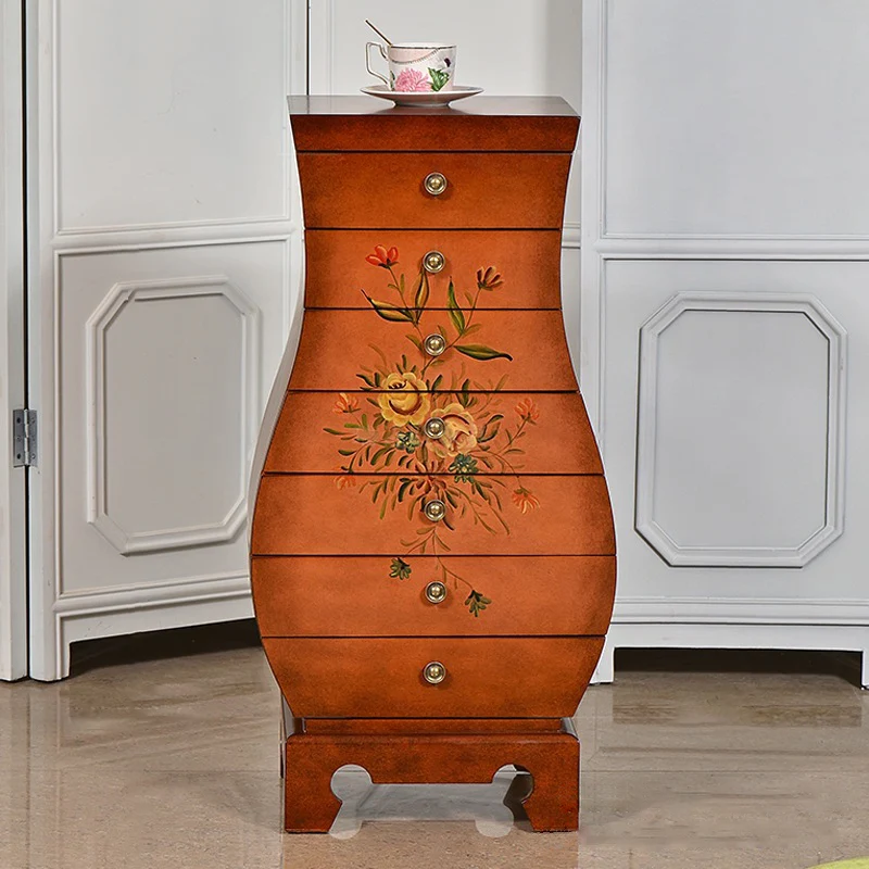 Traditional Chinese MDF Birch Wood Vase-Shaped Storage Cabinet 7-Drawer For Living Room & Bedroom