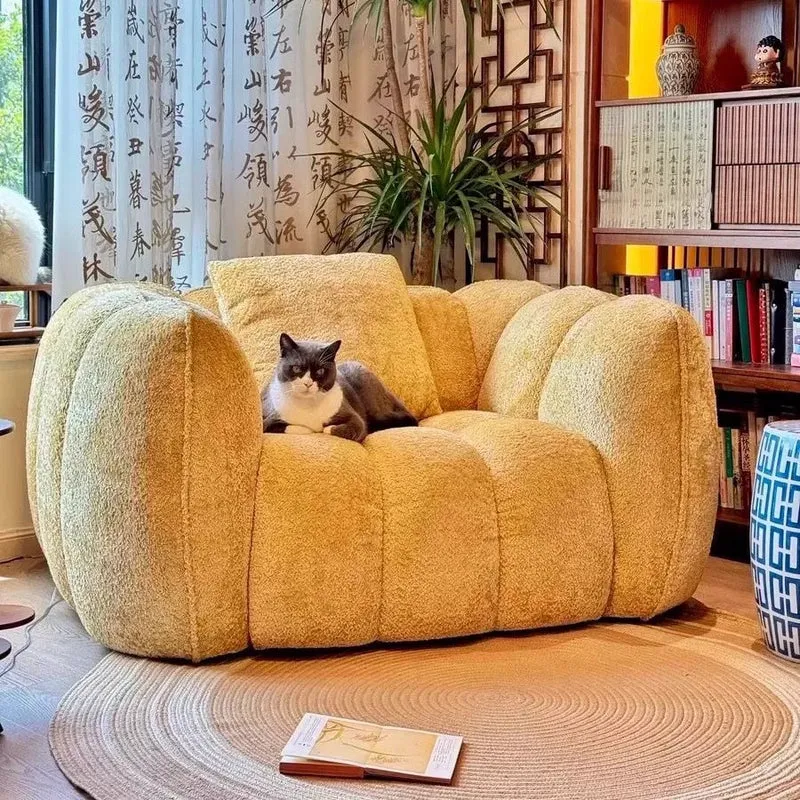 Traditional French Pumpkin-Shaped Alpaca-like Fabric Pine Wood Accent Chair Backrest Armrest For Living Room