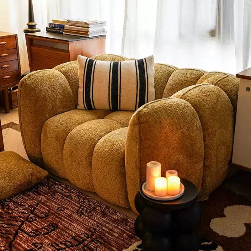 Traditional French Pumpkin-Shaped Alpaca-like Fabric Pine Wood Accent Chair Backrest Armrest For Living Room