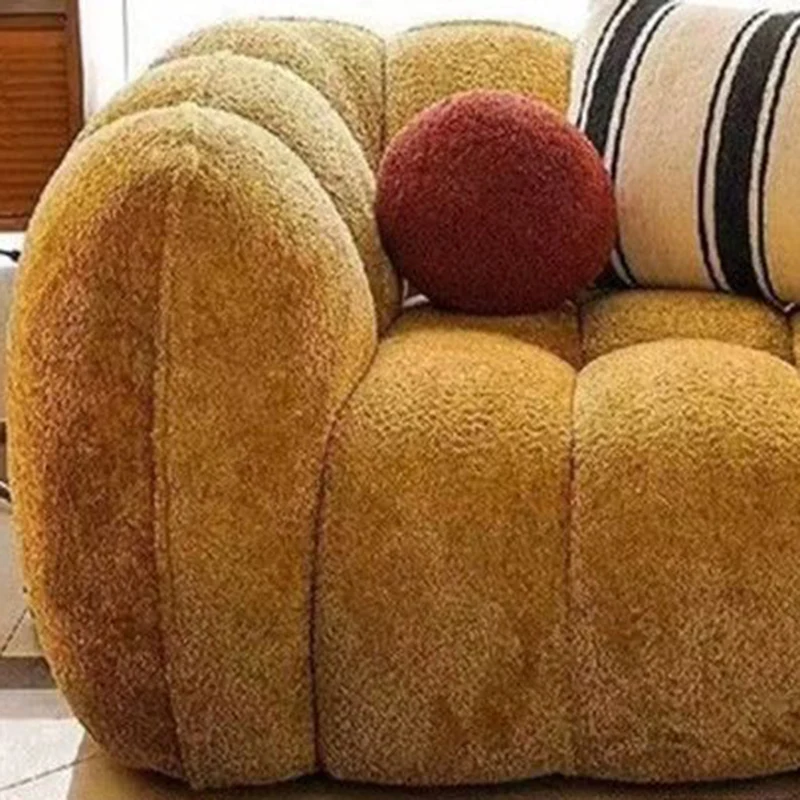 Traditional French Pumpkin-Shaped Alpaca-like Fabric Pine Wood Accent Chair Backrest Armrest For Living Room