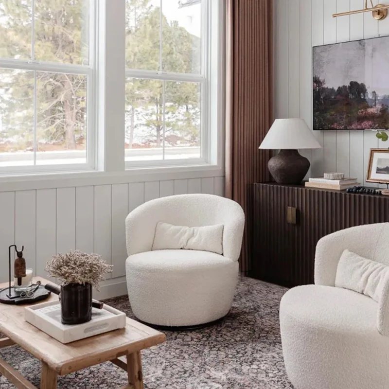 Contemporary Nordic Curved Sherpa Fabric Velvet Cotton-Linen Solid Wood Accent Chair Backrest Armless For Living Room