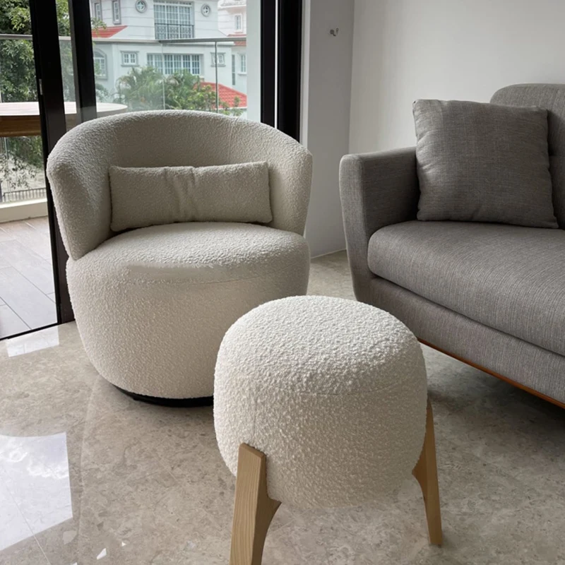 Contemporary Nordic Curved Sherpa Fabric Velvet Cotton-Linen Solid Wood Accent Chair Backrest Armless For Living Room