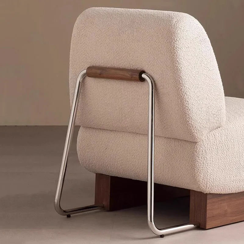 Contemporary Nordic Rectangular Linen-Cotton Loop Velvet Ash Wood Stainless Steel Accent Chair Backrest Armless For Living Room