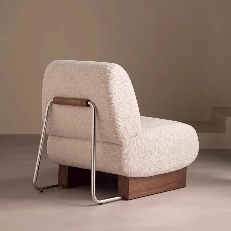 Contemporary Nordic Rectangular Linen-Cotton Loop Velvet Ash Wood Stainless Steel Accent Chair Backrest Armless For Living Room