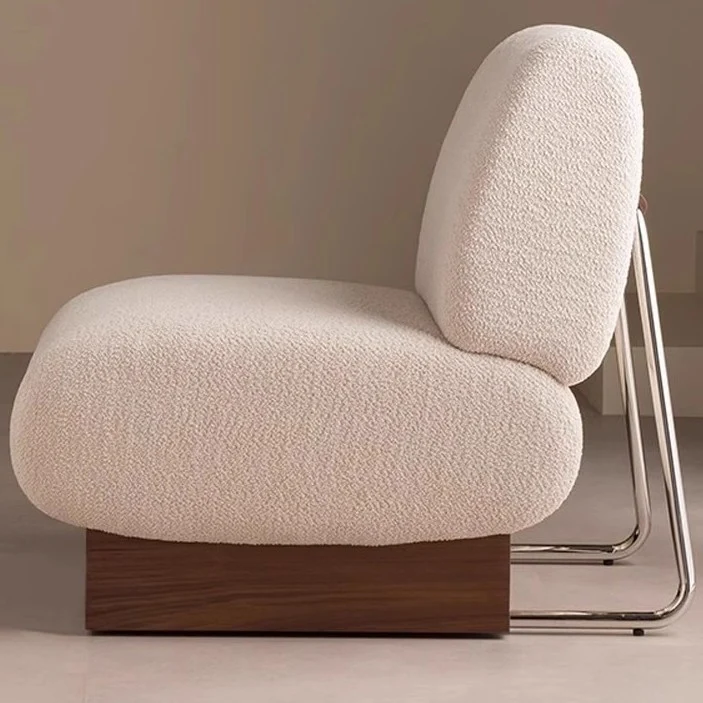 Contemporary Nordic Rectangular Linen-Cotton Loop Velvet Ash Wood Stainless Steel Accent Chair Backrest Armless For Living Room