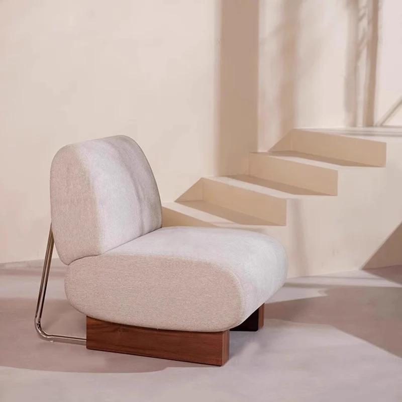 Contemporary Nordic Rectangular Linen-Cotton Loop Velvet Ash Wood Stainless Steel Accent Chair Backrest Armless For Living Room