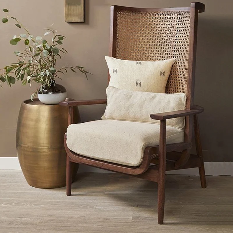 Contemporary Boho Rectangular Curved Rattan Solid Wood Fabric Accent Chair Backrest Armrest For Living Room