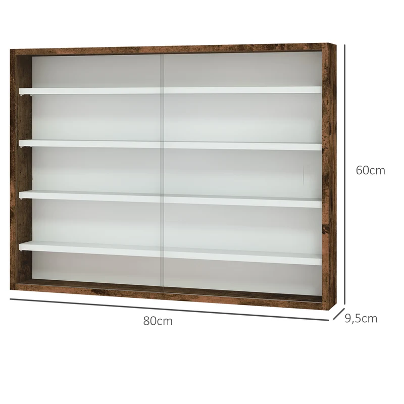Vitrine murale pour collection 80 x 9,5 x 60 cm 4 étagères réglables portes coulissantes moderne en bois mélaminé marron 21_0001779