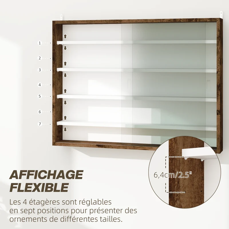 Vitrine murale pour collection 80 x 9,5 x 60 cm 4 étagères réglables portes coulissantes moderne en bois mélaminé marron 21_0001779