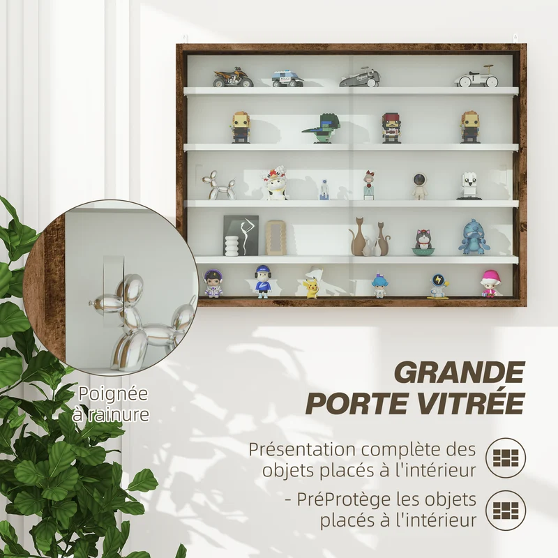 Vitrine murale pour collection 80 x 9,5 x 60 cm 4 étagères réglables portes coulissantes moderne en bois mélaminé marron 21_0001779