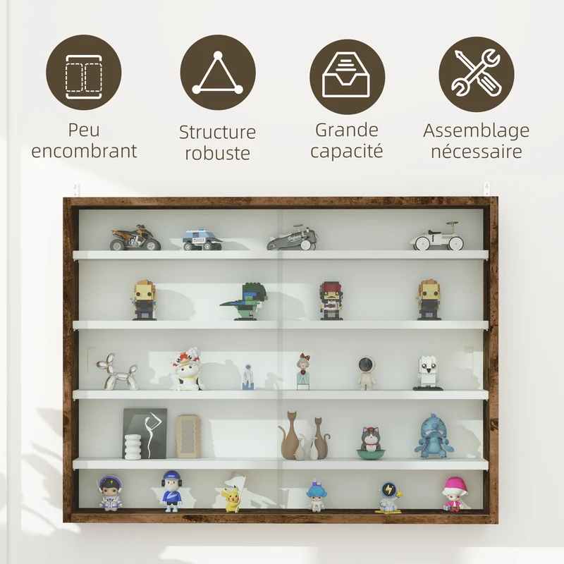 Vitrine murale pour collection 80 x 9,5 x 60 cm 4 étagères réglables portes coulissantes moderne en bois mélaminé marron 21_0001779