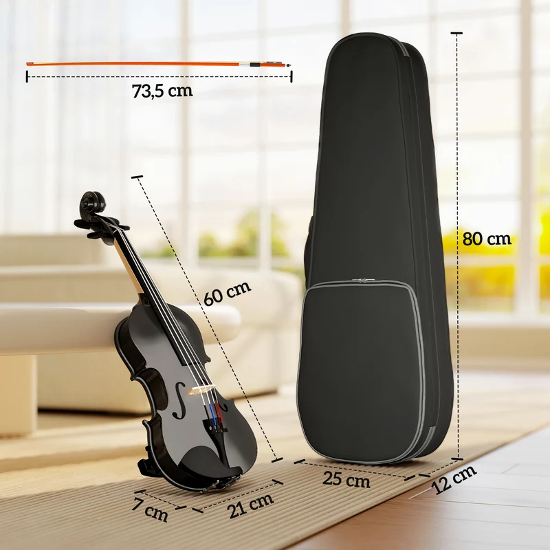 Violon 4/4 ensemble débutants 60 x 21 x 7 cm son chaleureux étui léger transportable finition classique en bois noir 21_0008055