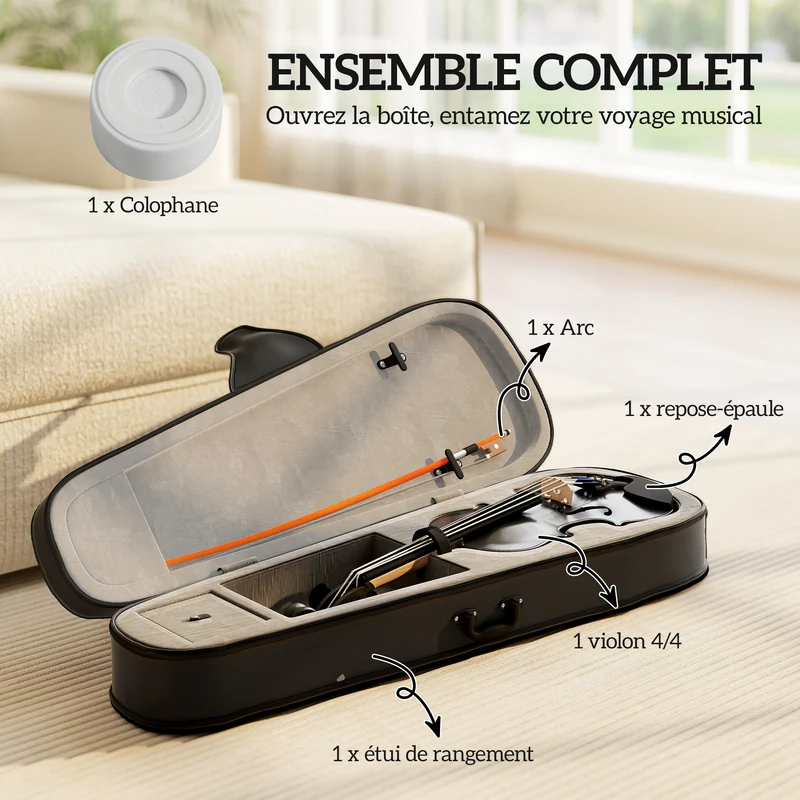 Violon 4/4 ensemble débutants 60 x 21 x 7 cm son chaleureux étui léger transportable finition classique en bois noir 21_0008055