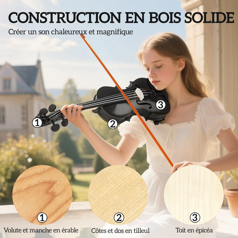 Violon 4/4 ensemble débutants 60 x 21 x 7 cm son chaleureux étui léger transportable finition classique en bois noir 21_0008055