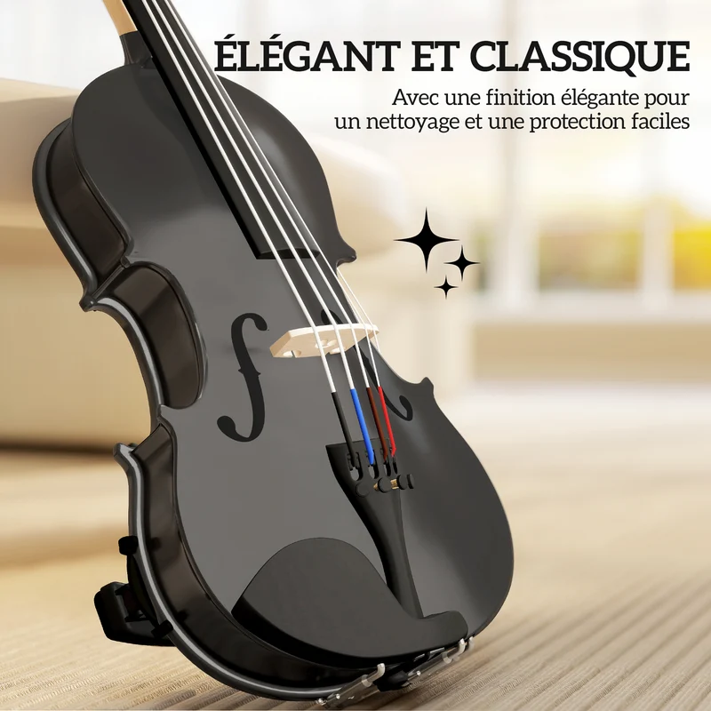Violon 4/4 ensemble débutants 60 x 21 x 7 cm son chaleureux étui léger transportable finition classique en bois noir 21_0008055