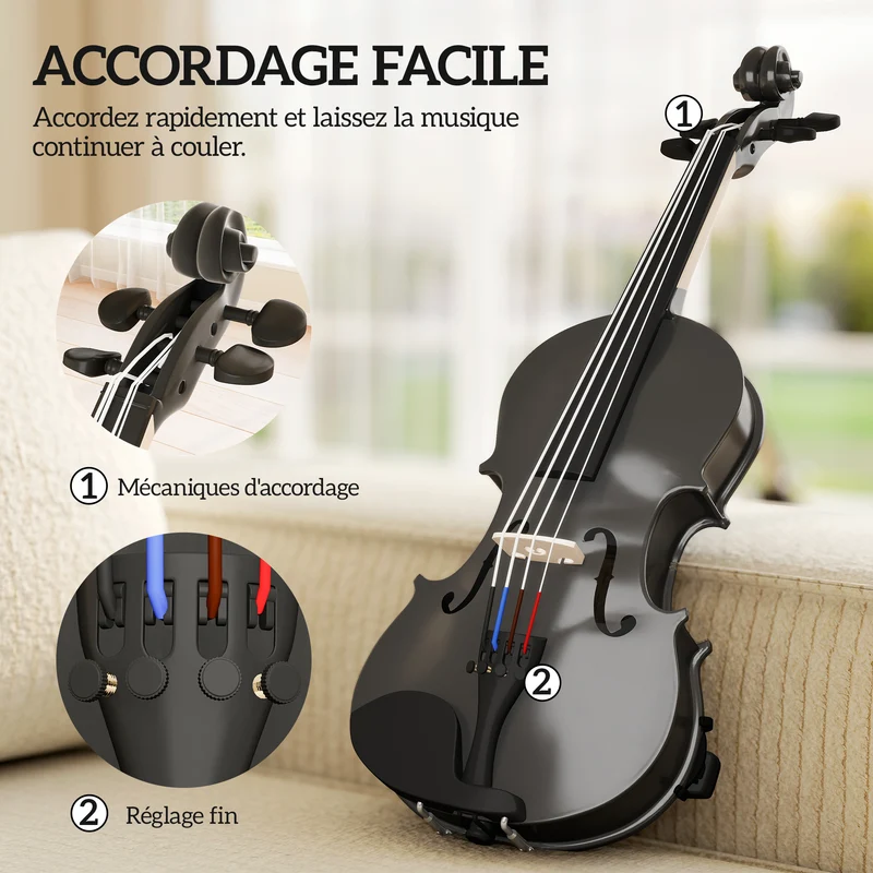 Violon 4/4 ensemble débutants 60 x 21 x 7 cm son chaleureux étui léger transportable finition classique en bois noir 21_0008055