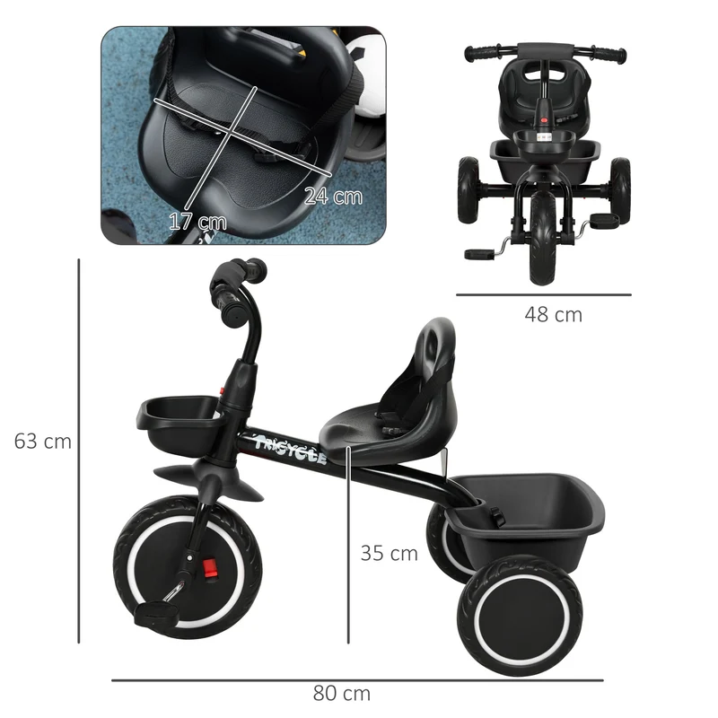 Tricycle évolutif pour enfant 80 x 48 x 63 cm siège réglable ceinture de sécurité 2 paniers moderne épuré en acier noir 21_0000536