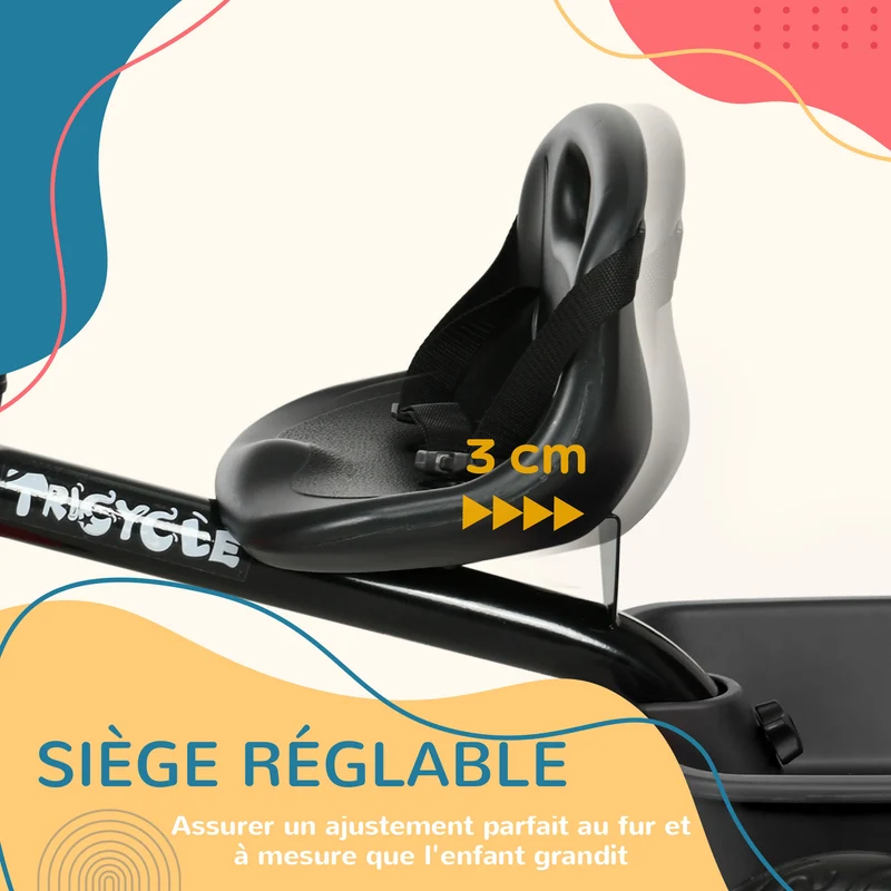 Tricycle évolutif pour enfant 80 x 48 x 63 cm siège réglable ceinture de sécurité 2 paniers moderne épuré en acier noir 21_0000536