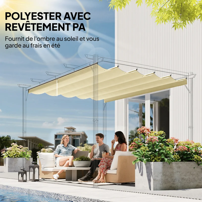 Toile de toit pergola rétractable 350 x 260 cm protection solaire 10 œillets drainage anti uv moderne en polyester crème 21_0004809