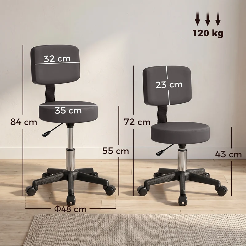 Tabouret de massage pivotant professionnel 35 x 72-84 x 32 cm hauteur réglable assise rembourrée moderne en PU gris 21_0000780