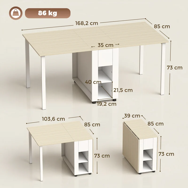 Table à manger pliante extensible 168,2 x 85 x 73 cm gain de place tiroirs et étagères rangement scandinave en MDF blanc 21_0003401