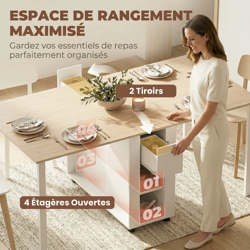 Table à manger pliante extensible 168,2 x 85 x 73 cm gain de place tiroirs et étagères rangement scandinave en MDF blanc 21_0003401