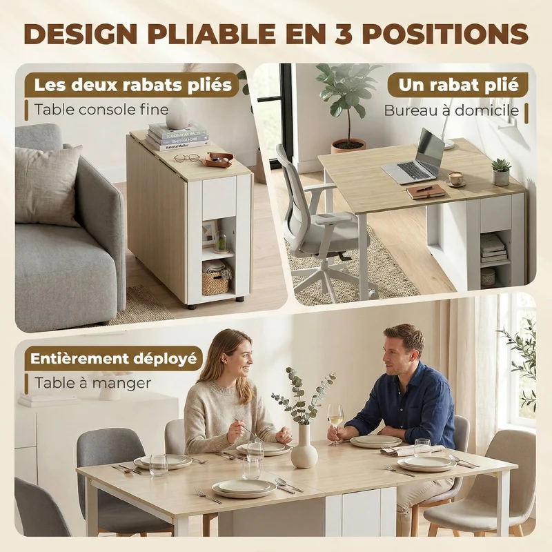 Table à manger pliante extensible 168,2 x 85 x 73 cm gain de place tiroirs et étagères rangement scandinave en MDF blanc 21_0003401