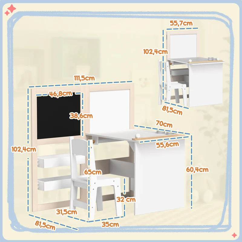 Table et chaise enfant 3 en 1 chevalet pliable 81 x 112 x 102 cm rangement rouleau de papier moderne salon en MDF blanc 21_0000221