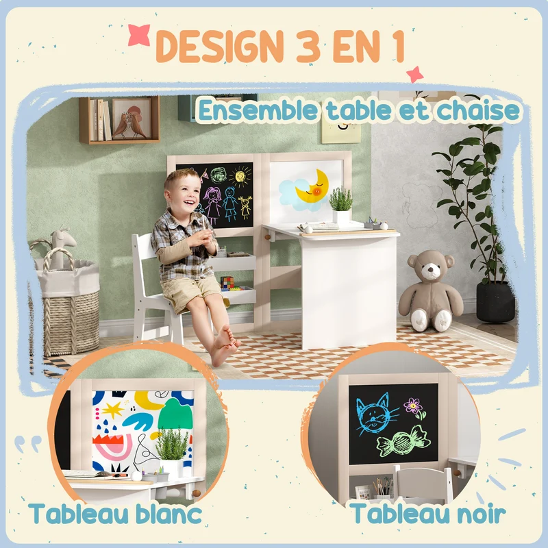 Table et chaise enfant 3 en 1 chevalet pliable 81 x 112 x 102 cm rangement rouleau de papier moderne salon en MDF blanc 21_0000221