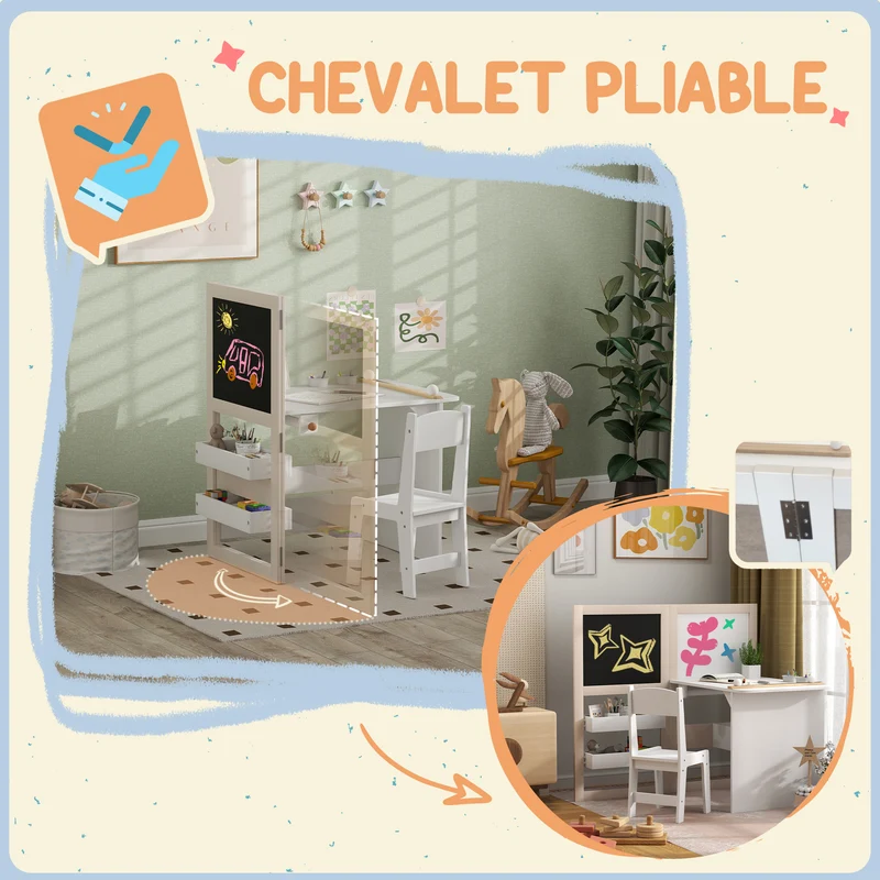 Table et chaise enfant 3 en 1 chevalet pliable 81 x 112 x 102 cm rangement rouleau de papier moderne salon en MDF blanc 21_0000221