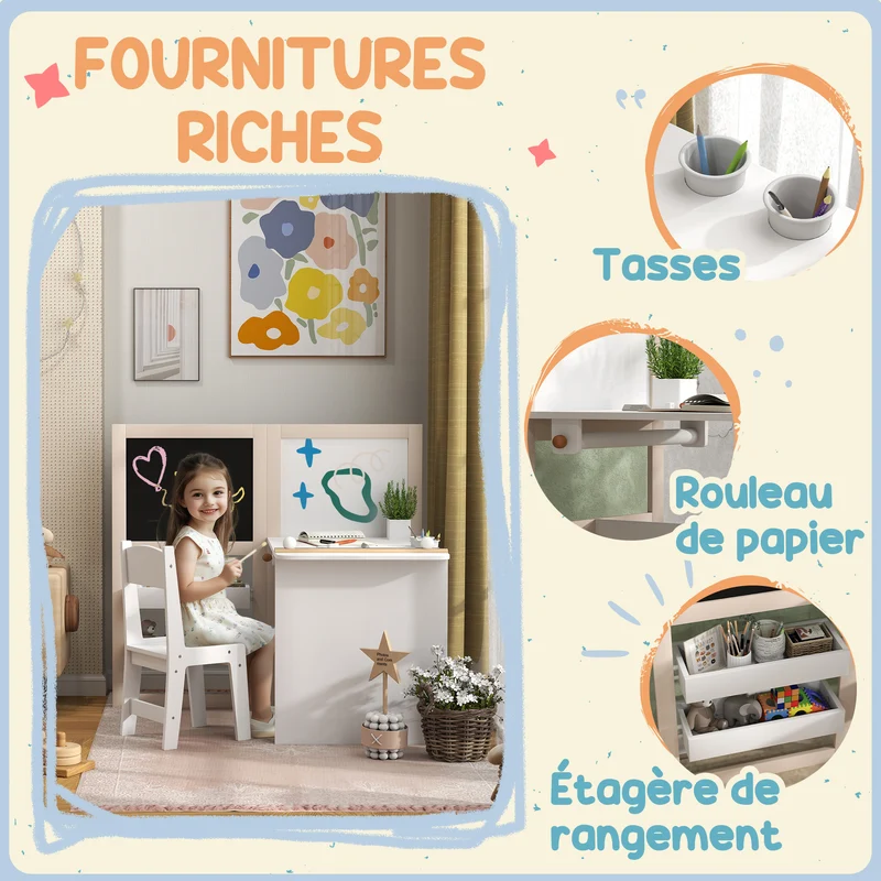 Table et chaise enfant 3 en 1 chevalet pliable 81 x 112 x 102 cm rangement rouleau de papier moderne salon en MDF blanc 21_0000221