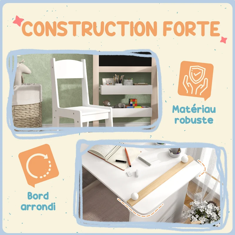 Table et chaise enfant 3 en 1 chevalet pliable 81 x 112 x 102 cm rangement rouleau de papier moderne salon en MDF blanc 21_0000221