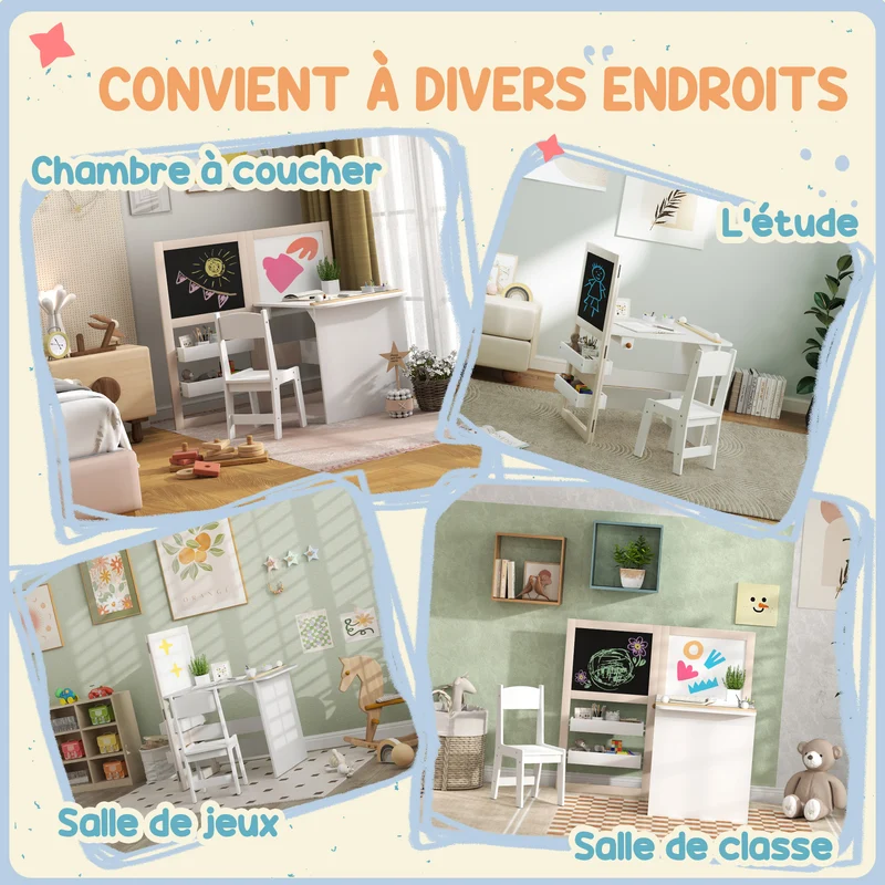 Table et chaise enfant 3 en 1 chevalet pliable 81 x 112 x 102 cm rangement rouleau de papier moderne salon en MDF blanc 21_0000221