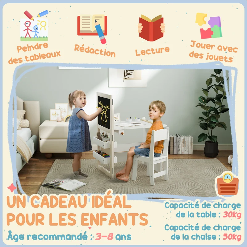 Table et chaise enfant 3 en 1 chevalet pliable 81 x 112 x 102 cm rangement rouleau de papier moderne salon en MDF blanc 21_0000221