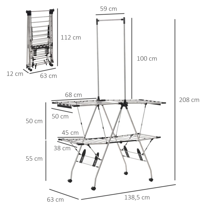 Séchoir à linge pliable sur roulettes espace 138,5 x 63 x 208 cm compact et réglable épuré en acier inoxydable argent 21_0005781