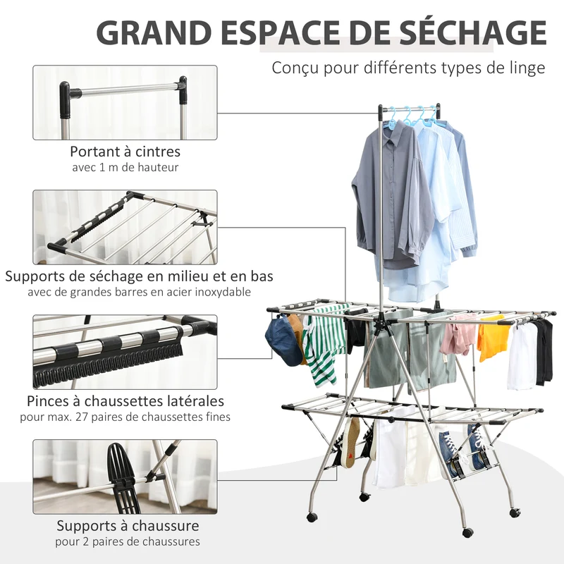 Séchoir à linge pliable sur roulettes espace 138,5 x 63 x 208 cm compact et réglable épuré en acier inoxydable argent 21_0005781