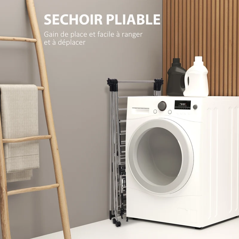 Séchoir à linge pliable sur roulettes espace 138,5 x 63 x 208 cm compact et réglable épuré en acier inoxydable argent 21_0005781