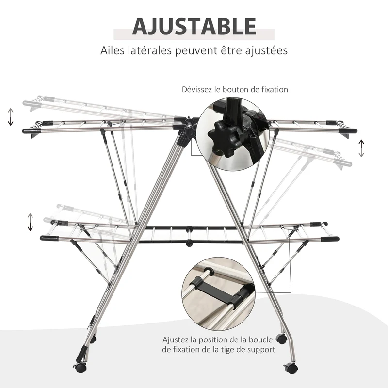 Séchoir à linge pliable sur roulettes espace 138,5 x 63 x 208 cm compact et réglable épuré en acier inoxydable argent 21_0005781
